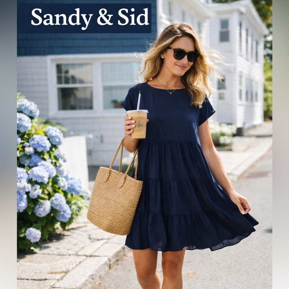 Sandy & Sid Navy Tiered Babydoll Dress Coastal Summer Easy Breezy Chic Size 8